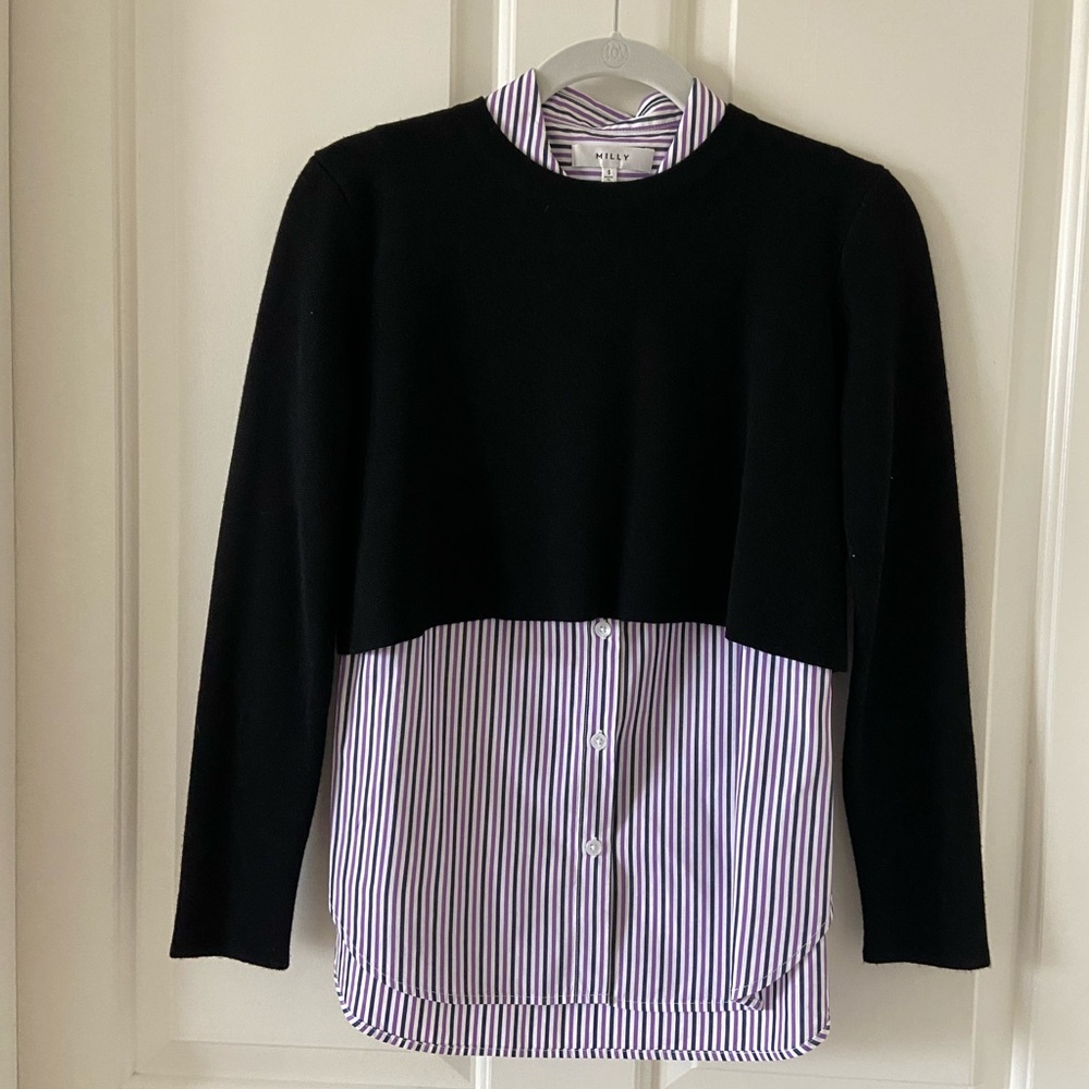 Milly White & Purple Striped Dress Shirt With Cropped Sweater Size Small